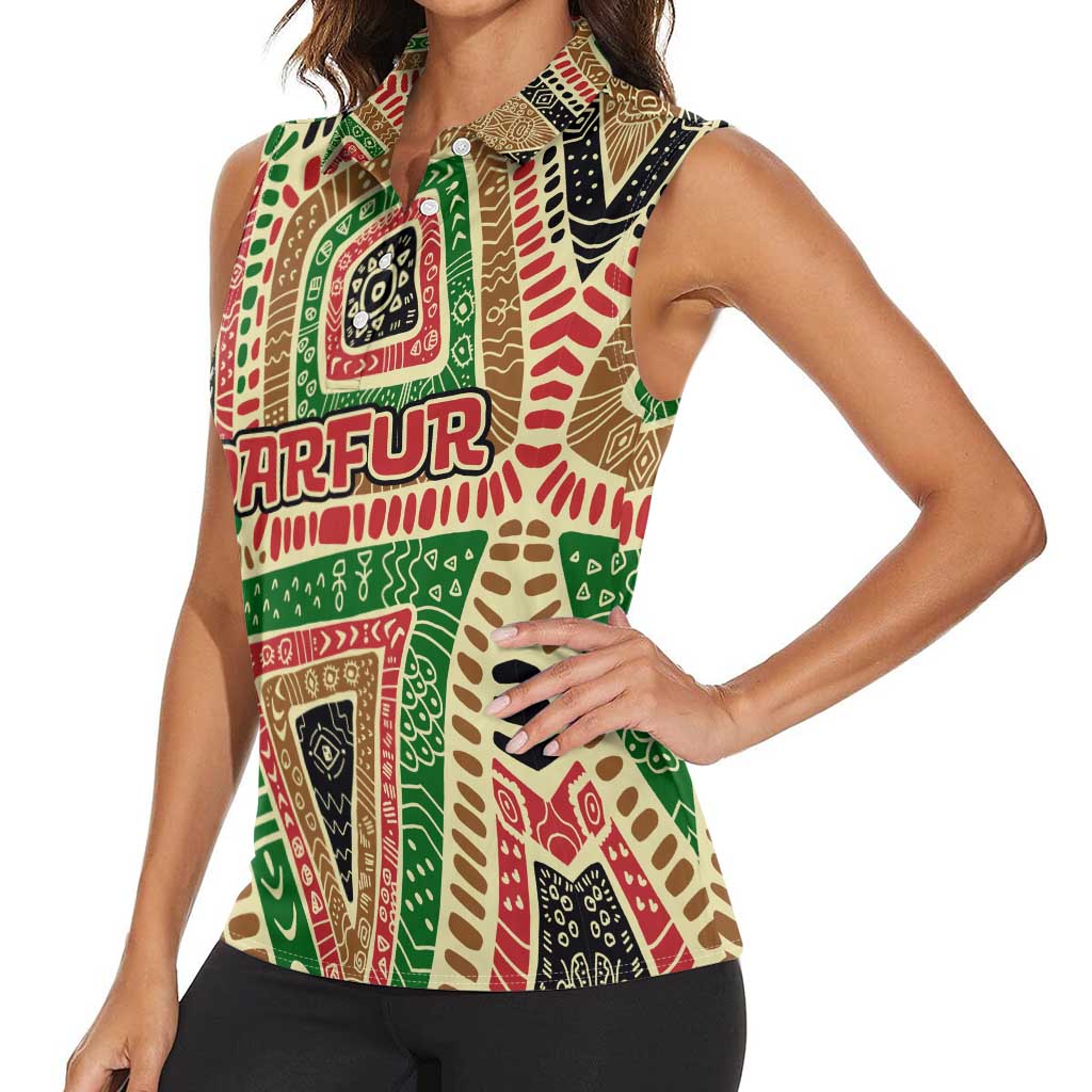 Darfur Sudan Women Sleeveless Polo Shirt with Red Green Beige Tribal Pattern - Wonder Print Shop