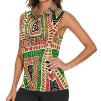 Darfur Sudan Women Sleeveless Polo Shirt with Red Green Beige Tribal Pattern - Wonder Print Shop