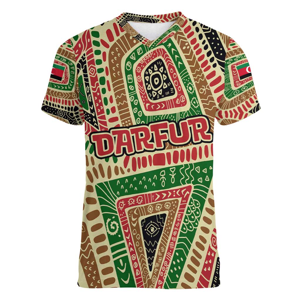 Darfur Sudan Women V-Neck T-Shirt with Red Green Beige Tribal Pattern - Wonder Print Shop