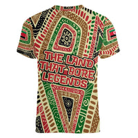 Darfur Sudan Women V-Neck T-Shirt with Red Green Beige Tribal Pattern - Wonder Print Shop