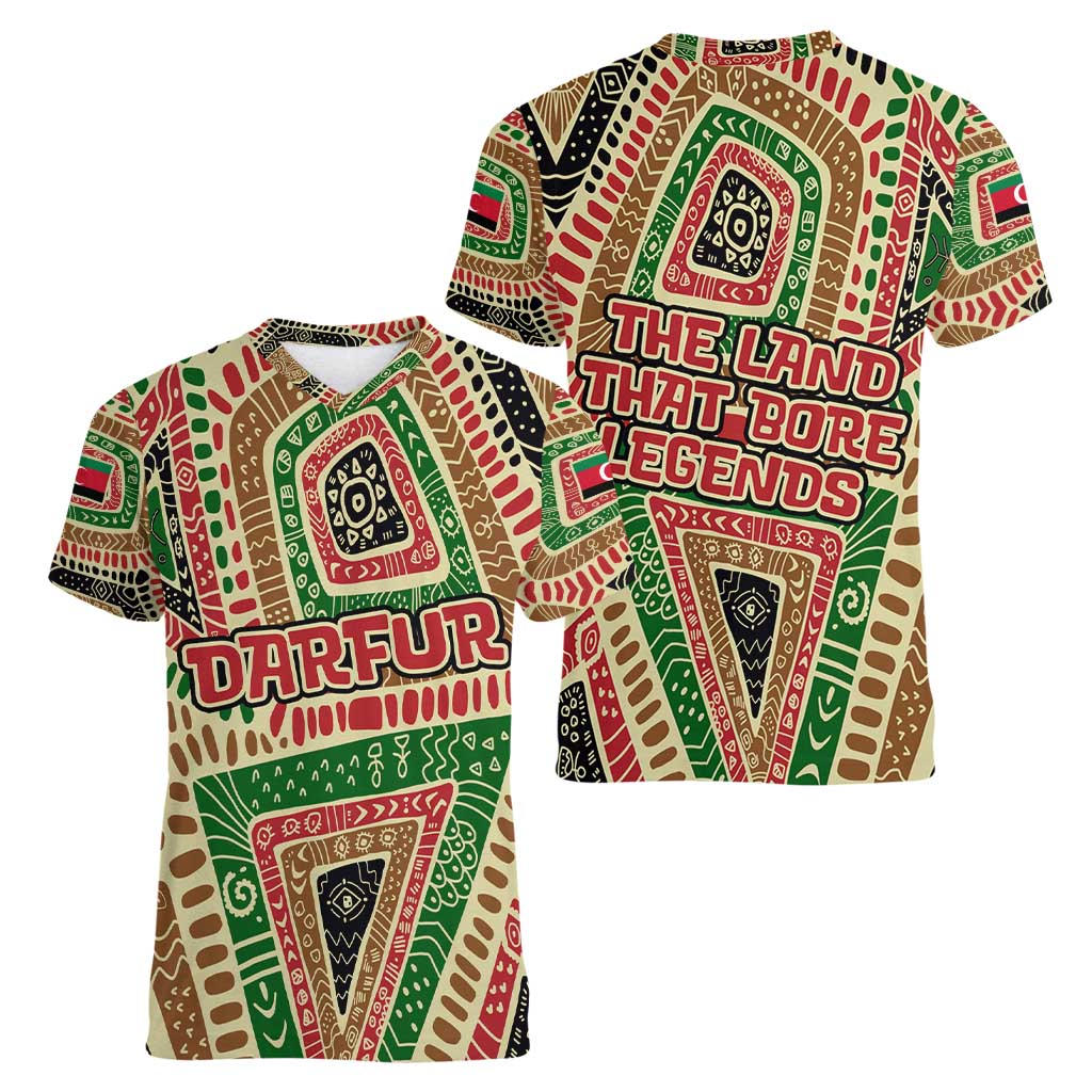 Darfur Sudan Women V-Neck T-Shirt with Red Green Beige Tribal Pattern - Wonder Print Shop