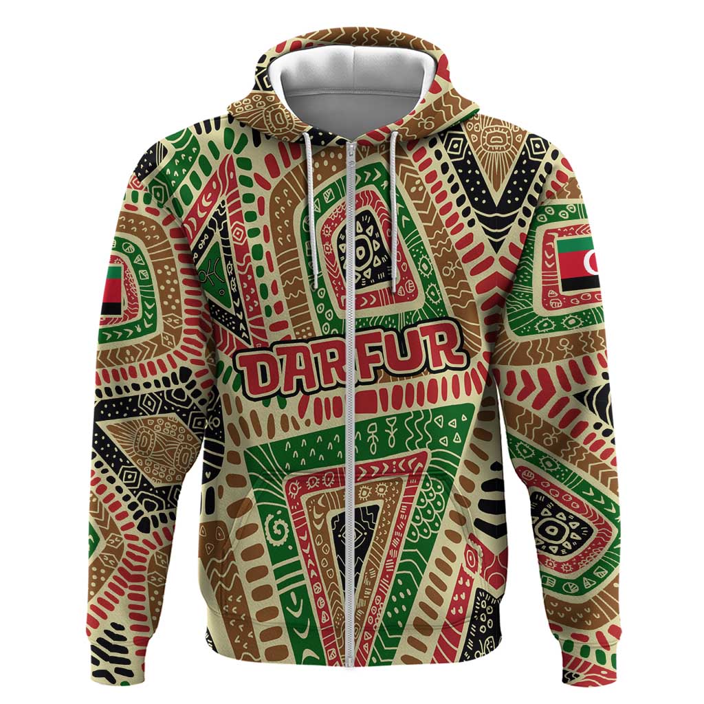 Darfur Sudan Zip Hoodie with Red Green Beige Tribal Pattern - Wonder Print Shop