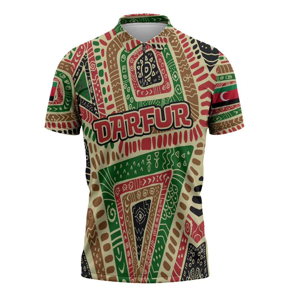 Darfur Sudan Zipper Polo Shirt with Red Green Beige Tribal Pattern - Wonder Print Shop