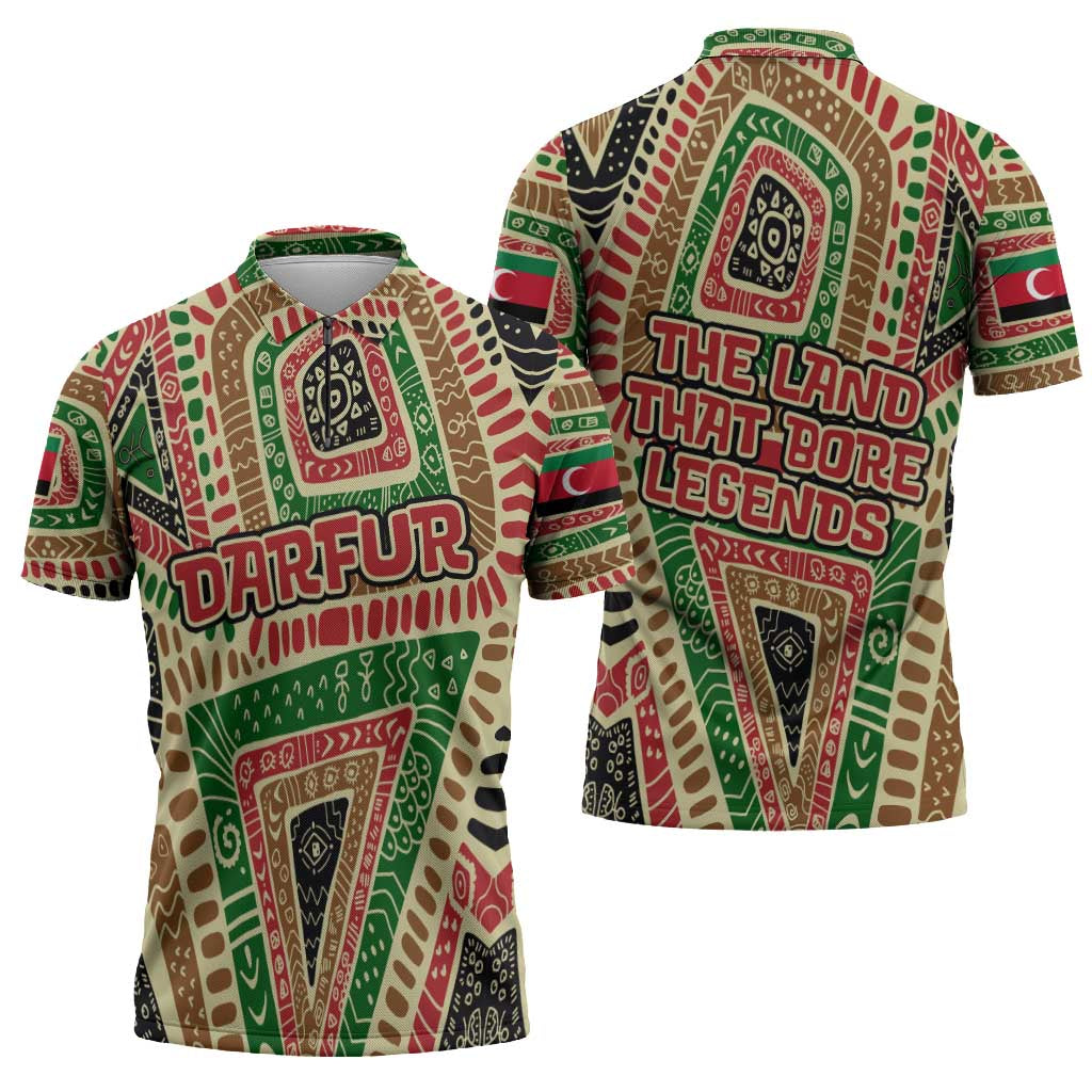 Darfur Sudan Zipper Polo Shirt with Red Green Beige Tribal Pattern - Wonder Print Shop