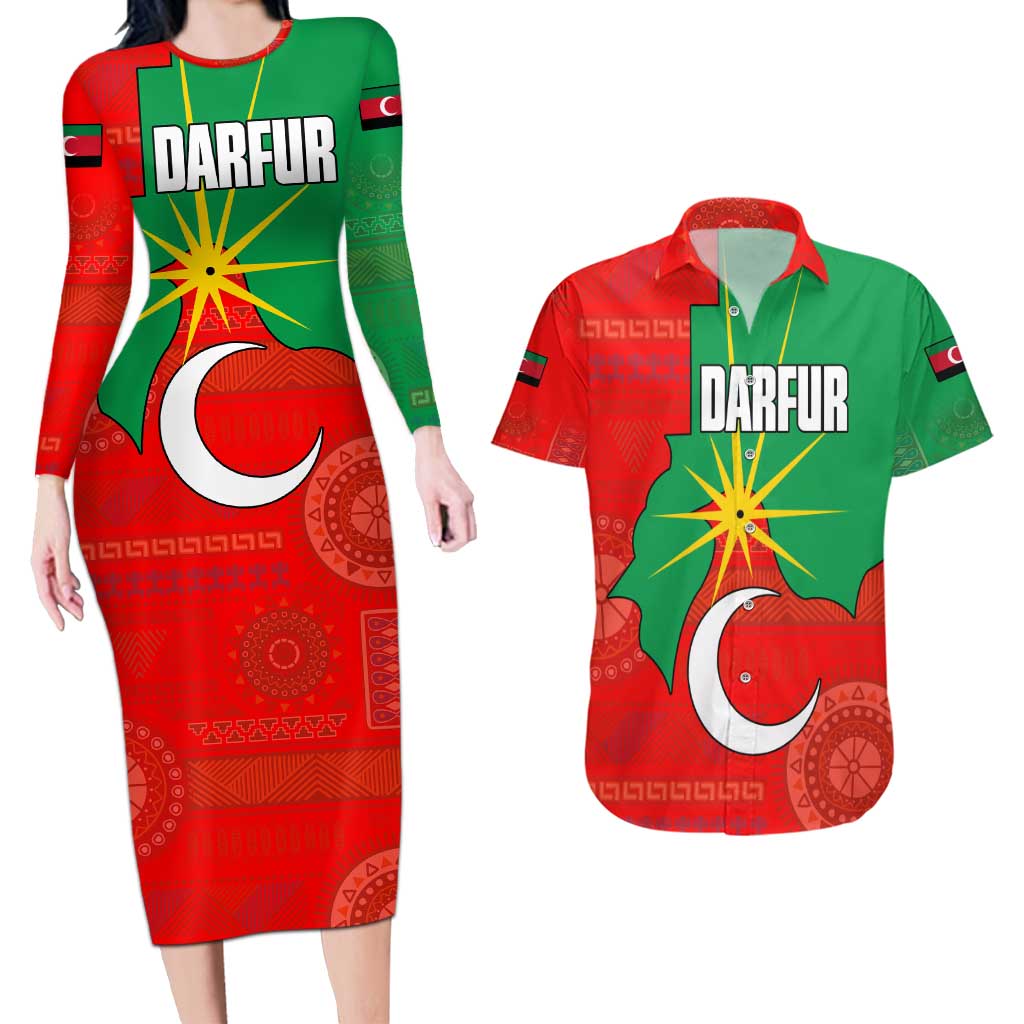 Darfur Sudan Couples Matching Long Sleeve Bodycon Dress and Hawaiian Shirt with Red Green Yellow Crescent Star - Wonder Print Shop