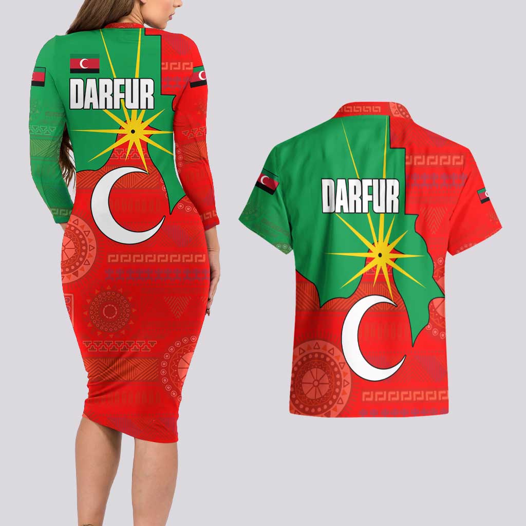 Darfur Sudan Couples Matching Long Sleeve Bodycon Dress and Hawaiian Shirt with Red Green Yellow Crescent Star - Wonder Print Shop