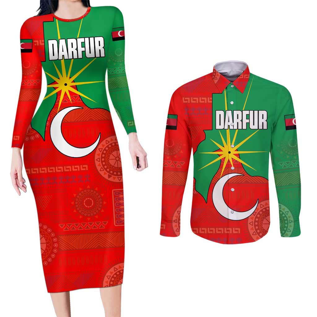 Darfur Sudan Couples Matching Long Sleeve Bodycon Dress and Long Sleeve Button Shirt with Red Green Yellow Crescent Star - Wonder Print Shop