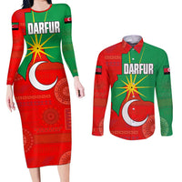 Darfur Sudan Couples Matching Long Sleeve Bodycon Dress and Long Sleeve Button Shirt with Red Green Yellow Crescent Star - Wonder Print Shop