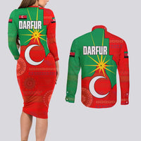 Darfur Sudan Couples Matching Long Sleeve Bodycon Dress and Long Sleeve Button Shirt with Red Green Yellow Crescent Star - Wonder Print Shop