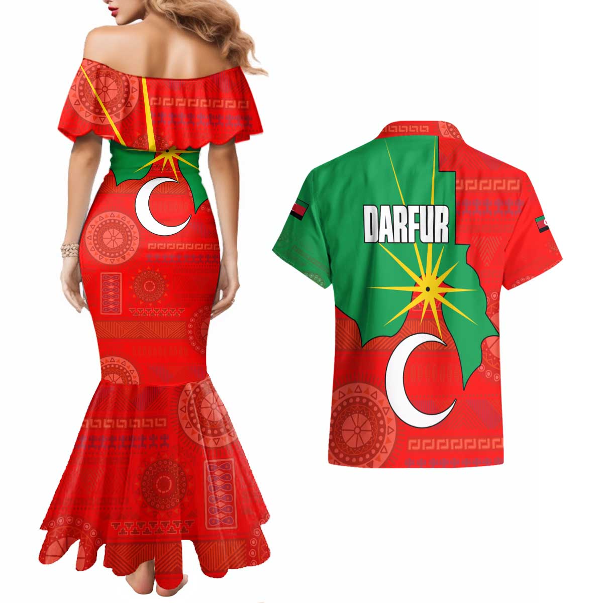 Darfur Sudan Couples Matching Mermaid Dress and Hawaiian Shirt with Red Green Yellow Crescent Star - Wonder Print Shop