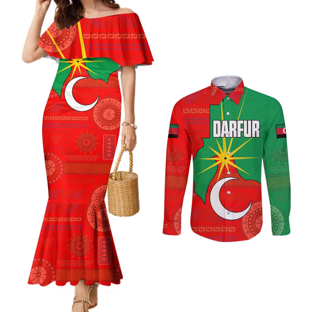 Darfur Sudan Couples Matching Mermaid Dress and Long Sleeve Button Shirt with Red Green Yellow Crescent Star - Wonder Print Shop