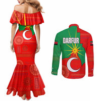 Darfur Sudan Couples Matching Mermaid Dress and Long Sleeve Button Shirt with Red Green Yellow Crescent Star - Wonder Print Shop
