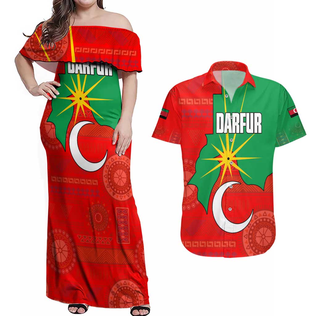 Darfur Sudan Couples Matching Off Shoulder Maxi Dress and Hawaiian Shirt with Red Green Yellow Crescent Star - Wonder Print Shop