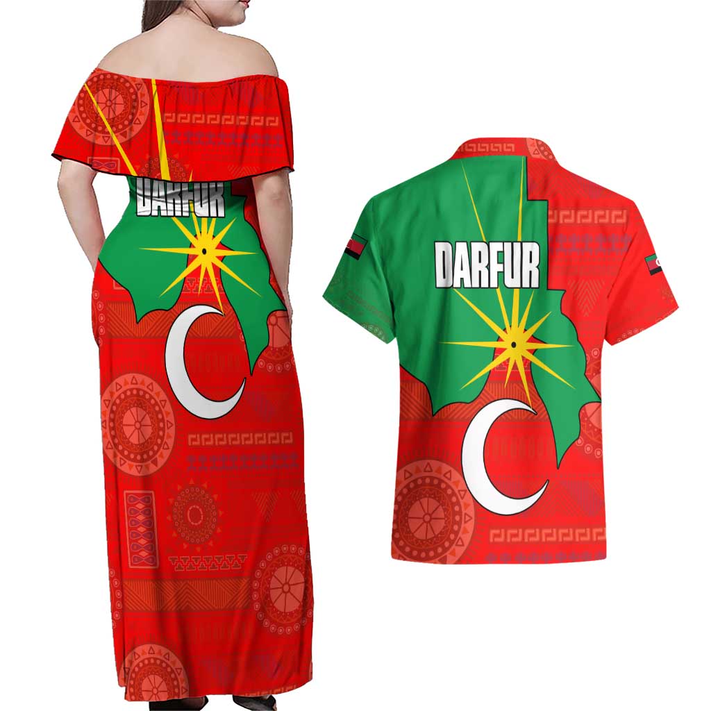 Darfur Sudan Couples Matching Off Shoulder Maxi Dress and Hawaiian Shirt with Red Green Yellow Crescent Star - Wonder Print Shop