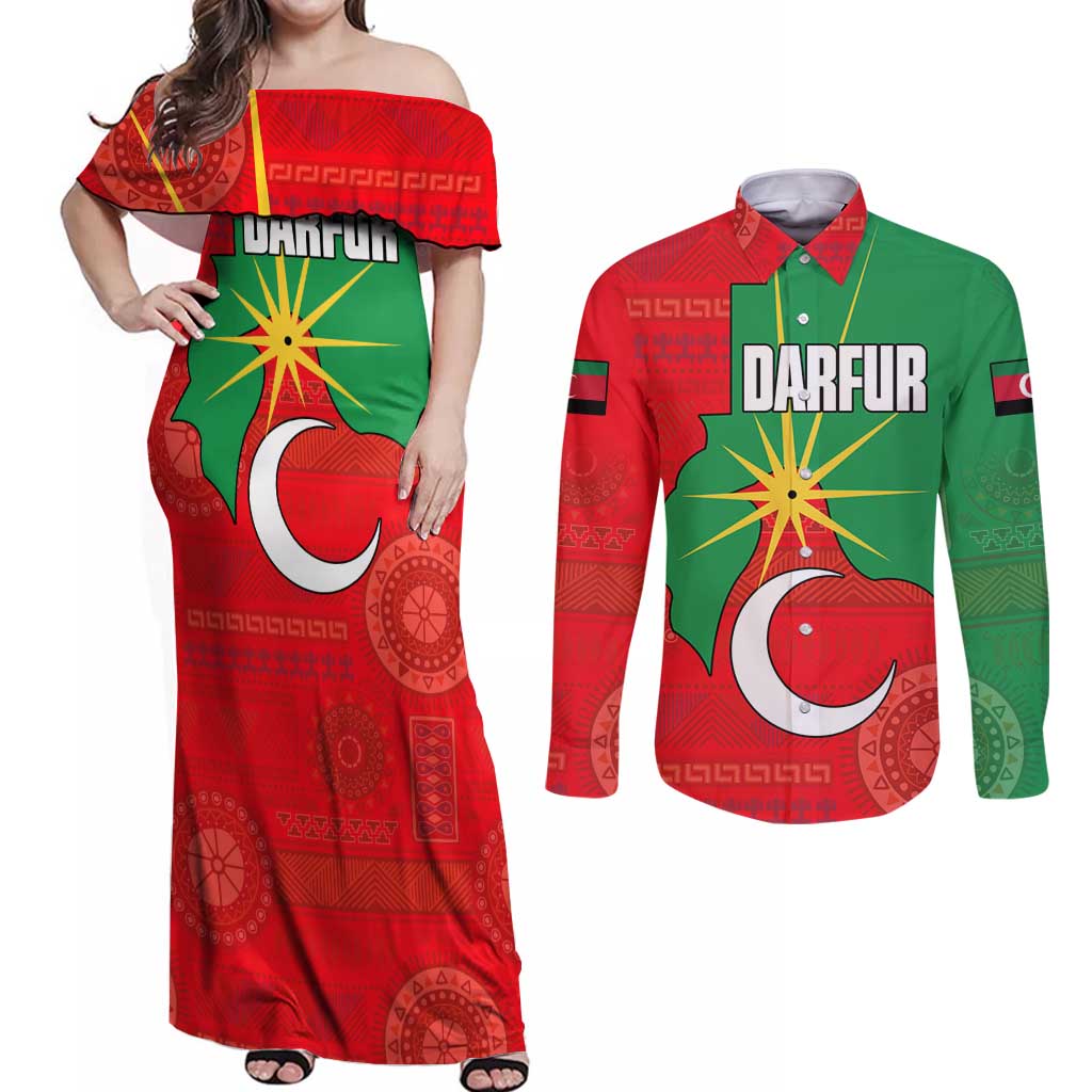 Darfur Sudan Couples Matching Off Shoulder Maxi Dress and Long Sleeve Button Shirt with Red Green Yellow Crescent Star - Wonder Print Shop