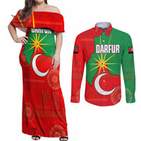 Darfur Sudan Couples Matching Off Shoulder Maxi Dress and Long Sleeve Button Shirt with Red Green Yellow Crescent Star - Wonder Print Shop