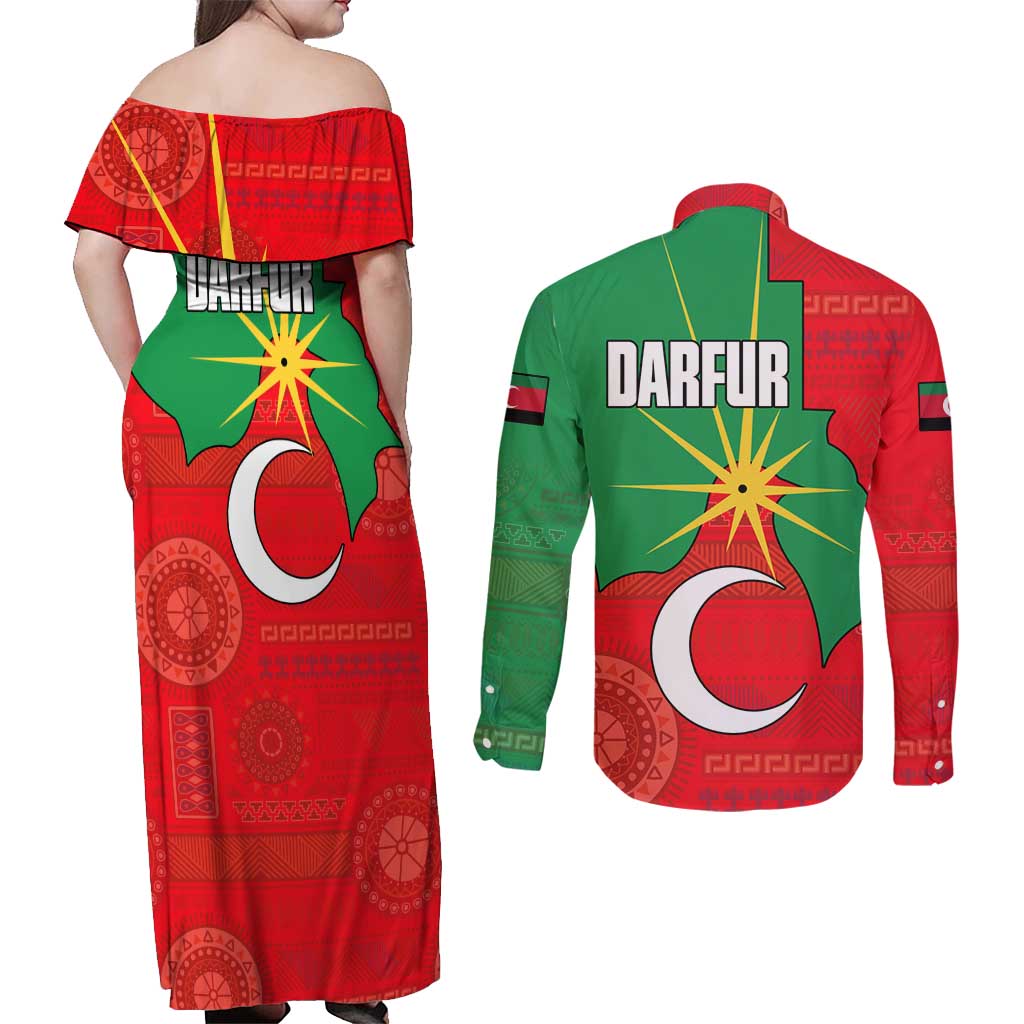 Darfur Sudan Couples Matching Off Shoulder Maxi Dress and Long Sleeve Button Shirt with Red Green Yellow Crescent Star - Wonder Print Shop