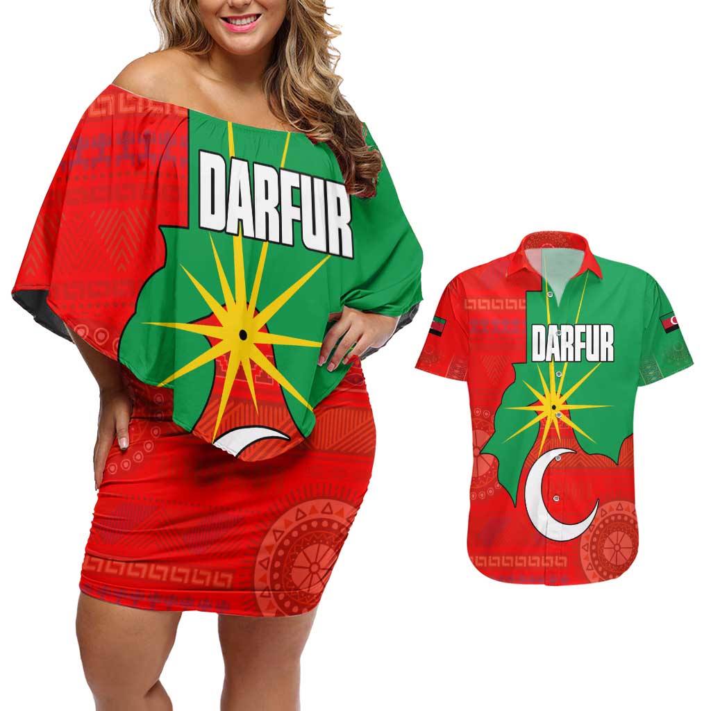 Darfur Sudan Couples Matching Off Shoulder Short Dress and Hawaiian Shirt with Red Green Yellow Crescent Star - Wonder Print Shop