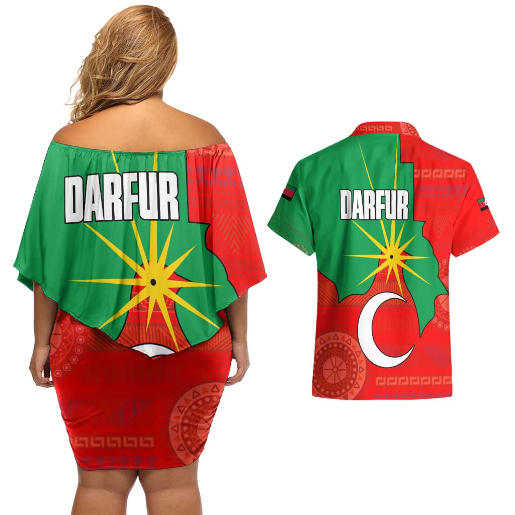 Darfur Sudan Couples Matching Off Shoulder Short Dress and Hawaiian Shirt with Red Green Yellow Crescent Star - Wonder Print Shop