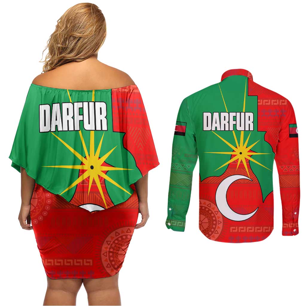 Darfur Sudan Couples Matching Off Shoulder Short Dress and Long Sleeve Button Shirt with Red Green Yellow Crescent Star - Wonder Print Shop