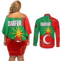 Darfur Sudan Couples Matching Off Shoulder Short Dress and Long Sleeve Button Shirt with Red Green Yellow Crescent Star - Wonder Print Shop