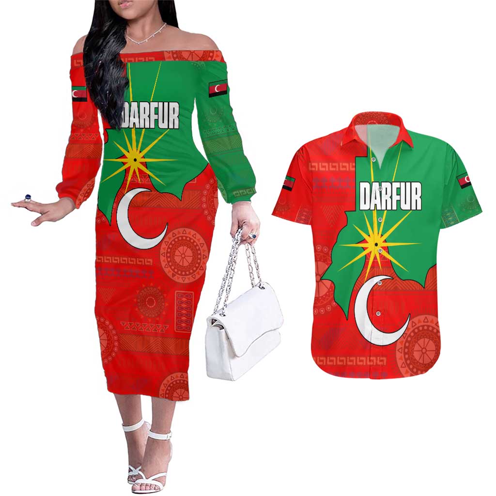 Darfur Sudan Couples Matching Off The Shoulder Long Sleeve Dress and Hawaiian Shirt with Red Green Yellow Crescent Star - Wonder Print Shop