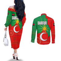 Darfur Sudan Couples Matching Off The Shoulder Long Sleeve Dress and Long Sleeve Button Shirt with Red Green Yellow Crescent Star - Wonder Print Shop