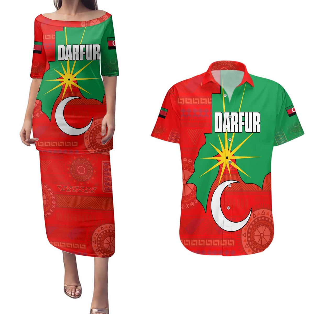Darfur Sudan Couples Matching Puletasi and Hawaiian Shirt with Red Green Yellow Crescent Star - Wonder Print Shop