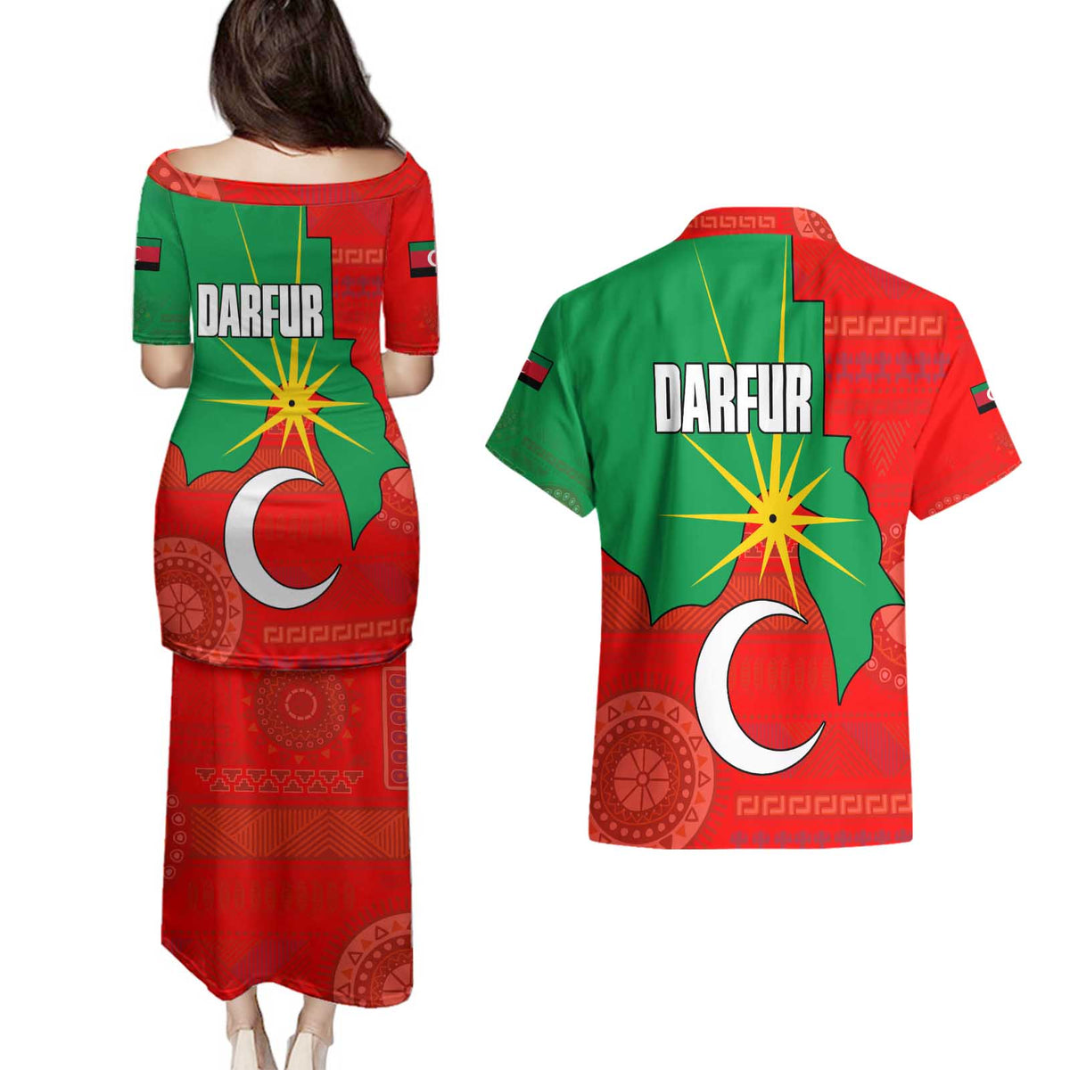 Darfur Sudan Couples Matching Puletasi and Hawaiian Shirt with Red Green Yellow Crescent Star - Wonder Print Shop