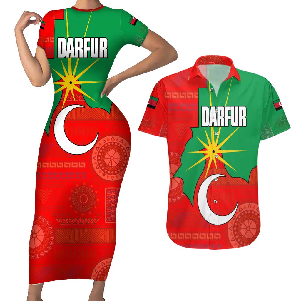 Darfur Sudan Couples Matching Short Sleeve Bodycon Dress and Hawaiian Shirt with Red Green Yellow Crescent Star - Wonder Print Shop