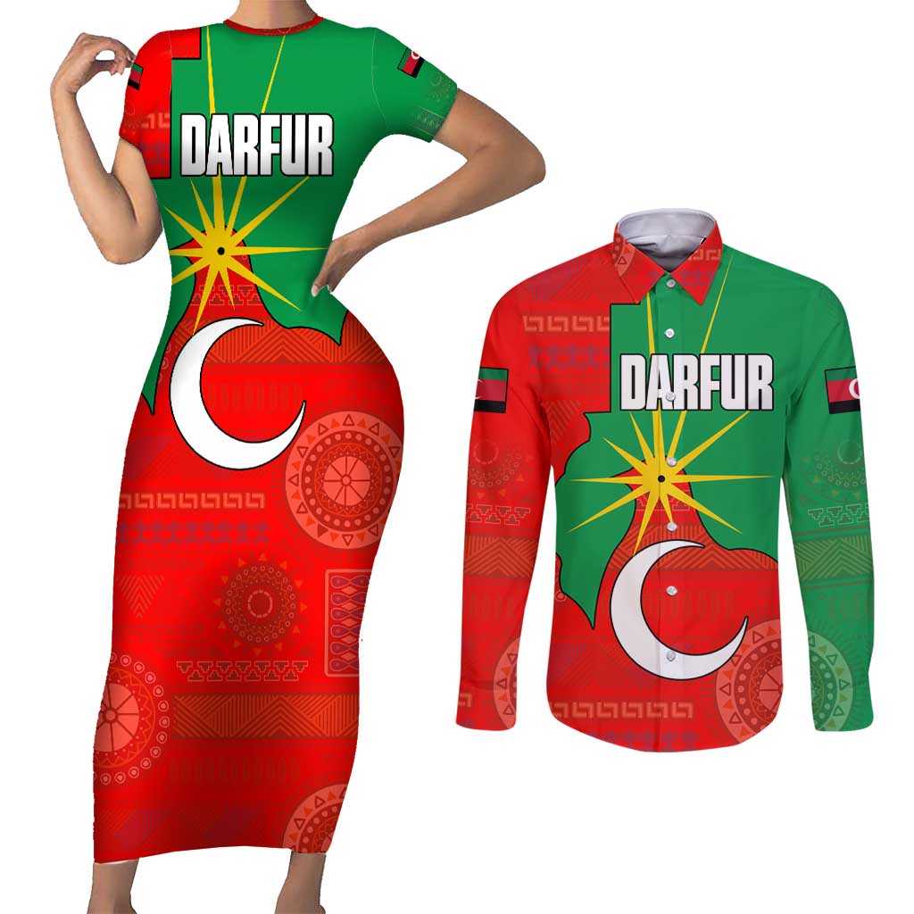 Darfur Sudan Couples Matching Short Sleeve Bodycon Dress and Long Sleeve Button Shirt with Red Green Yellow Crescent Star - Wonder Print Shop
