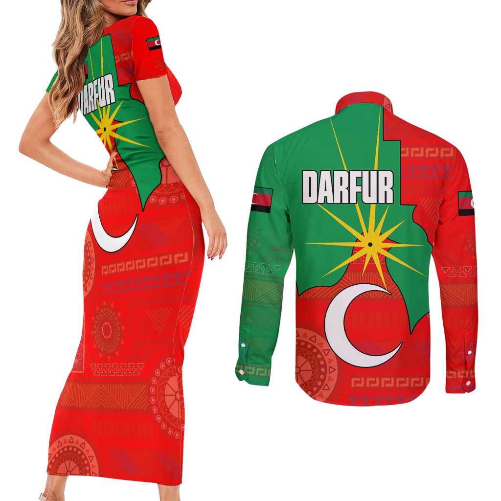 Darfur Sudan Couples Matching Short Sleeve Bodycon Dress and Long Sleeve Button Shirt with Red Green Yellow Crescent Star - Wonder Print Shop