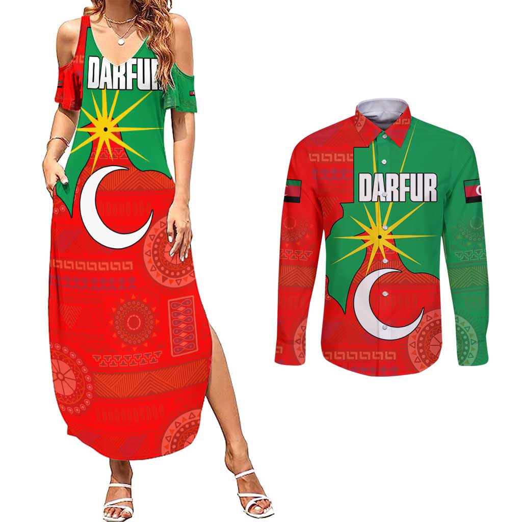 Darfur Sudan Couples Matching Summer Maxi Dress and Long Sleeve Button Shirt with Red Green Yellow Crescent Star - Wonder Print Shop