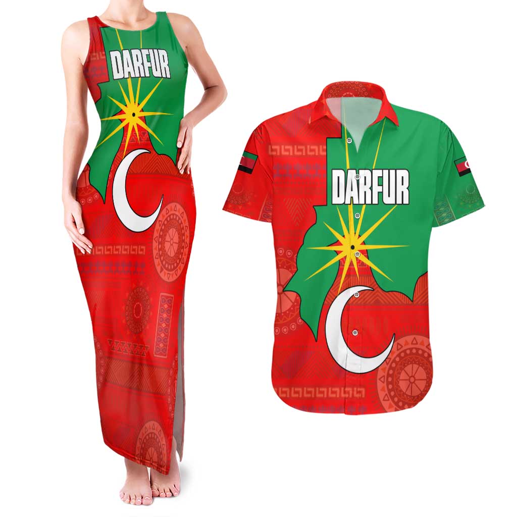 Darfur Sudan Couples Matching Tank Maxi Dress and Hawaiian Shirt with Red Green Yellow Crescent Star - Wonder Print Shop