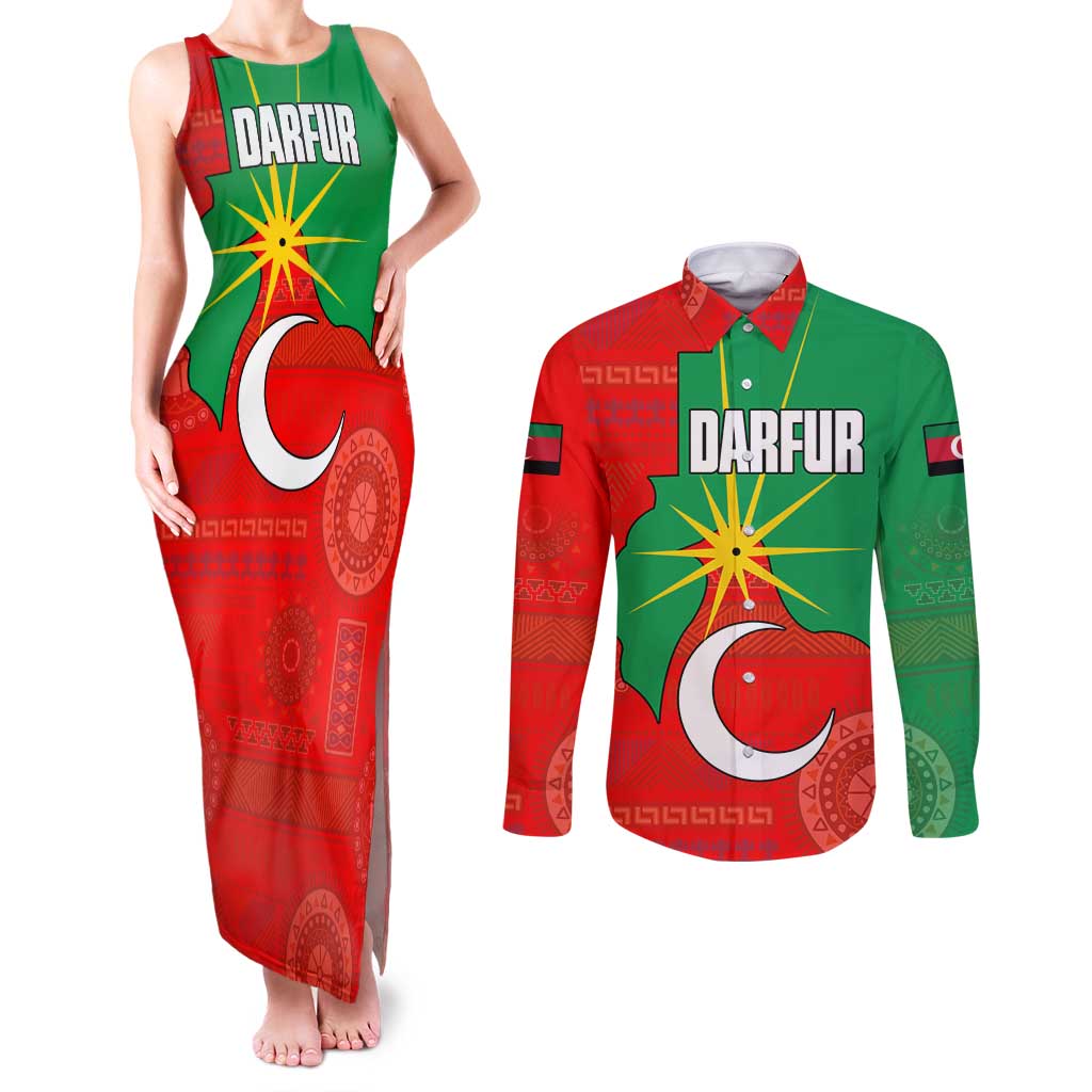 Darfur Sudan Couples Matching Tank Maxi Dress and Long Sleeve Button Shirt with Red Green Yellow Crescent Star - Wonder Print Shop