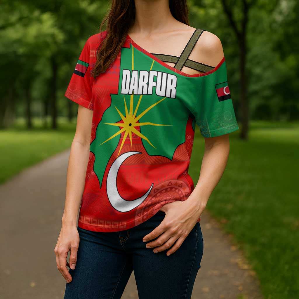 Darfur Sudan Cross Shoulder Shirt with Red Green Yellow Crescent Star - Wonder Print Shop