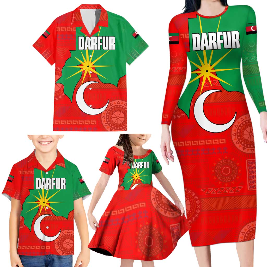 Darfur Sudan Family Matching Long Sleeve Bodycon Dress and Hawaiian Shirt with Red Green Yellow Crescent Star - Wonder Print Shop