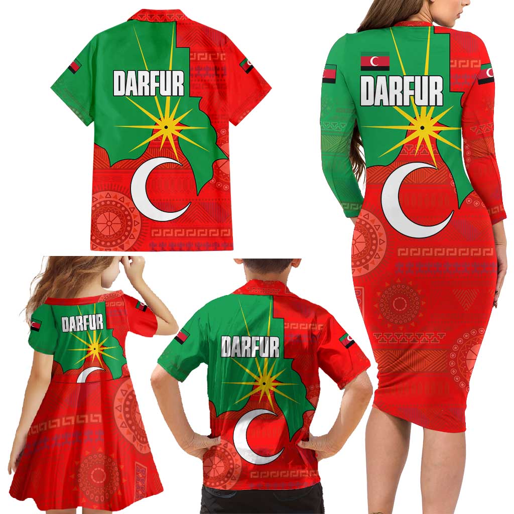 Darfur Sudan Family Matching Long Sleeve Bodycon Dress and Hawaiian Shirt with Red Green Yellow Crescent Star - Wonder Print Shop