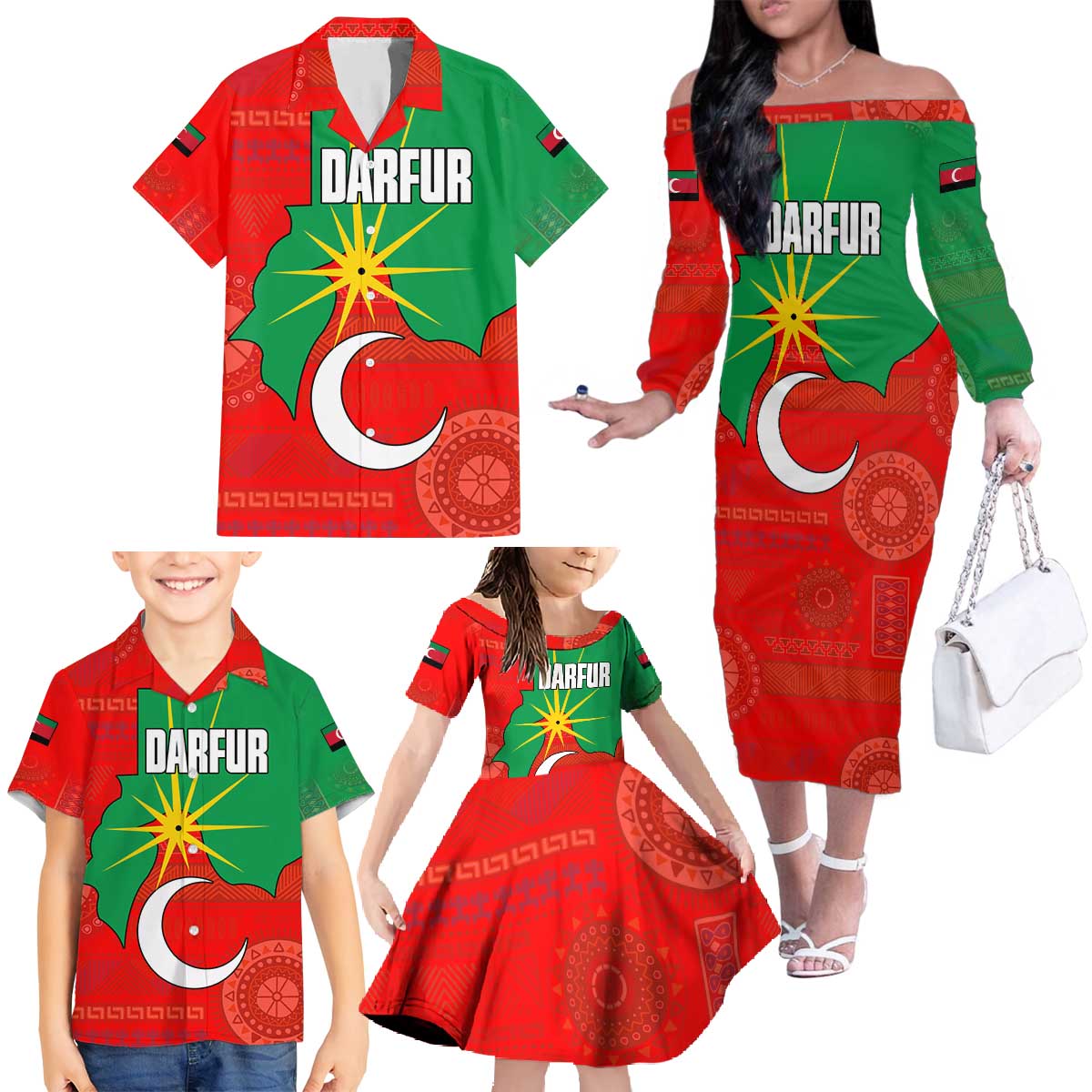 Darfur Sudan Family Matching Off The Shoulder Long Sleeve Dress and Hawaiian Shirt with Red Green Yellow Crescent Star - Wonder Print Shop