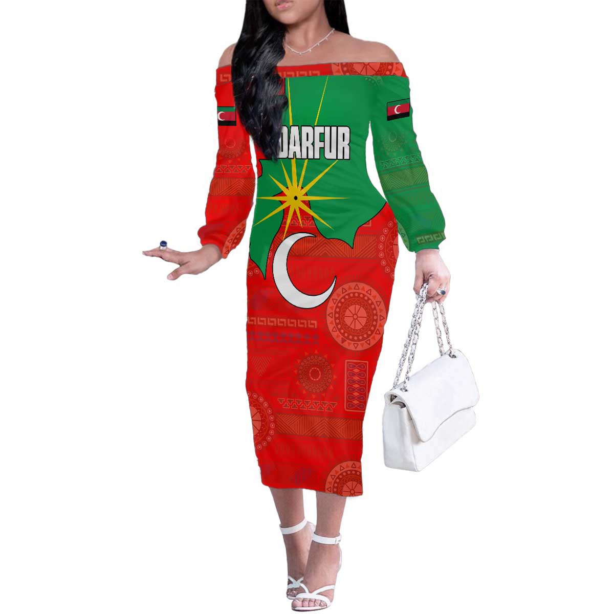 Darfur Sudan Family Matching Off The Shoulder Long Sleeve Dress and Hawaiian Shirt with Red Green Yellow Crescent Star - Wonder Print Shop