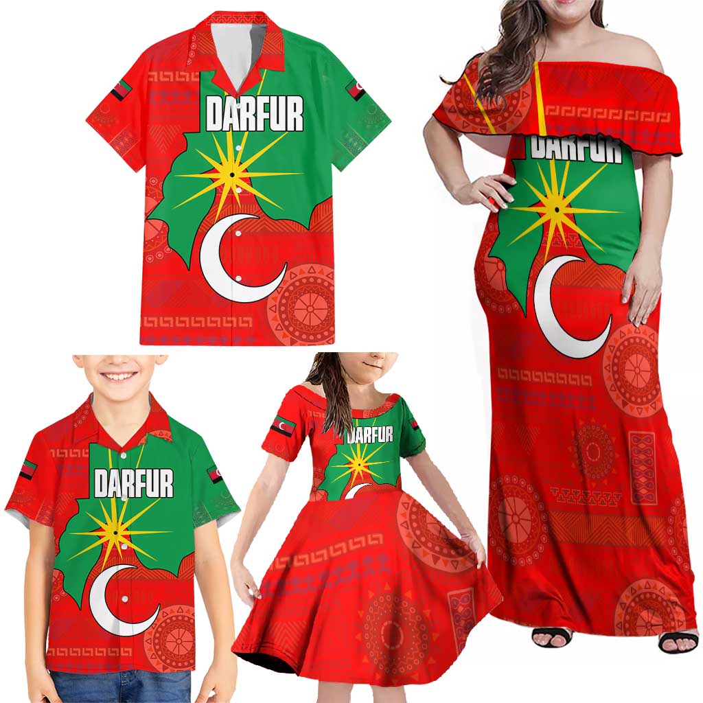 Darfur Sudan Family Matching Off Shoulder Maxi Dress and Hawaiian Shirt with Red Green Yellow Crescent Star - Wonder Print Shop