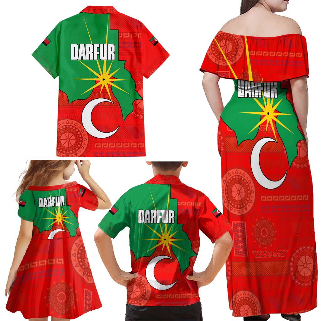 Darfur Sudan Family Matching Off Shoulder Maxi Dress and Hawaiian Shirt with Red Green Yellow Crescent Star - Wonder Print Shop