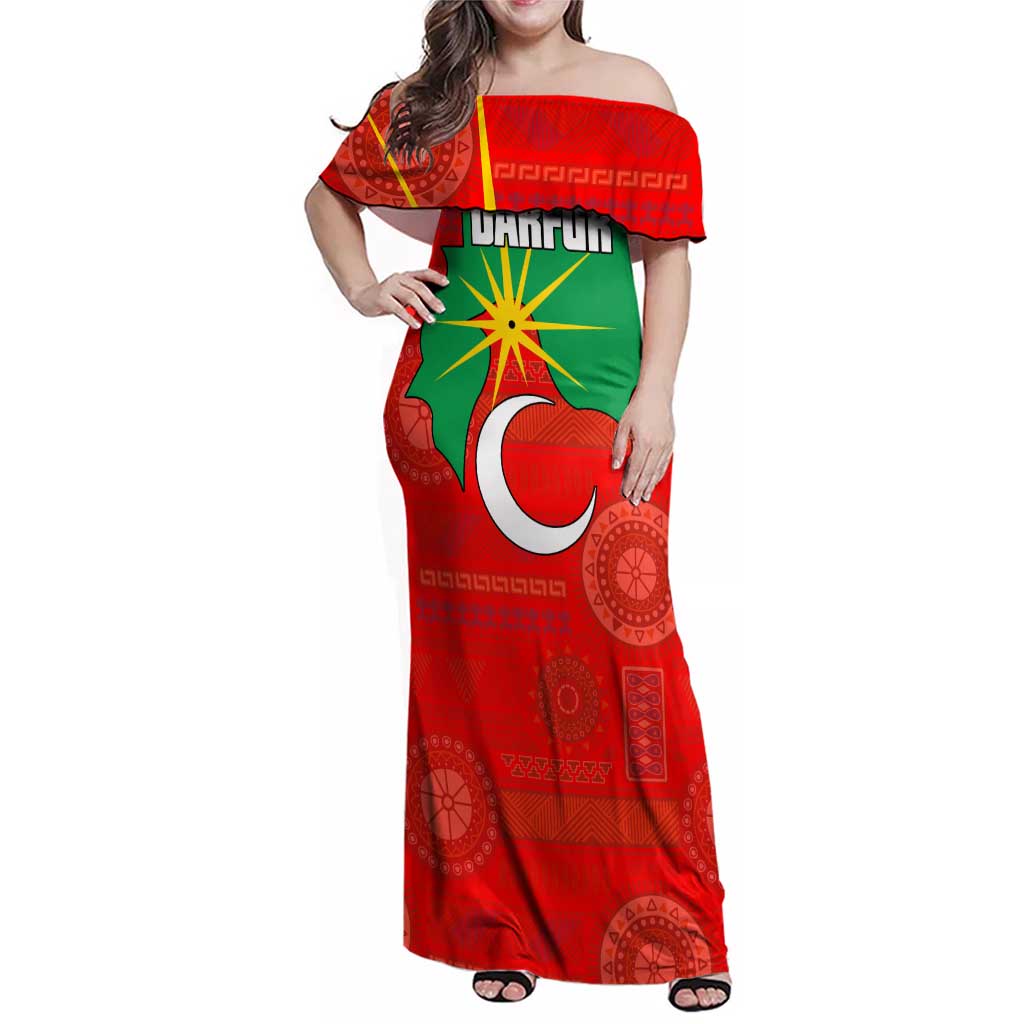 Darfur Sudan Family Matching Off Shoulder Maxi Dress and Hawaiian Shirt with Red Green Yellow Crescent Star - Wonder Print Shop