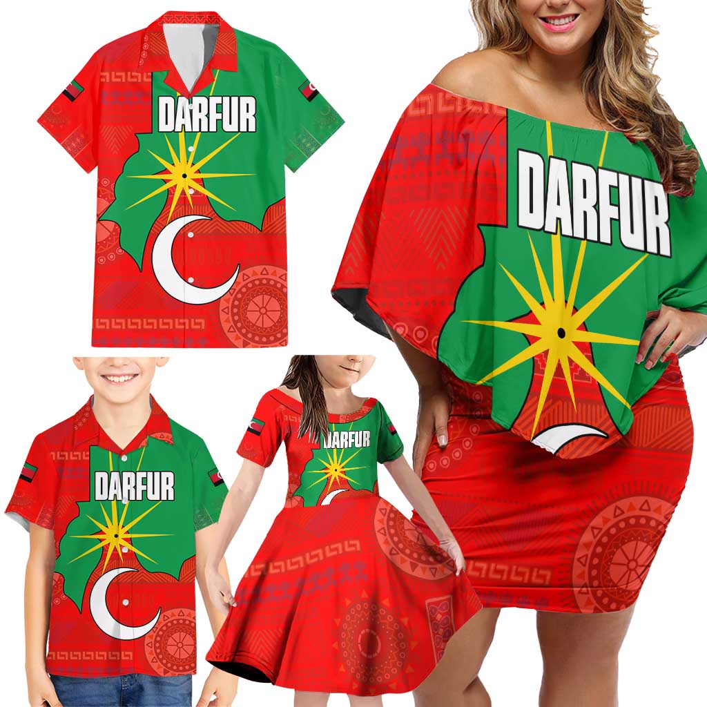 Darfur Sudan Family Matching Off Shoulder Short Dress and Hawaiian Shirt with Red Green Yellow Crescent Star - Wonder Print Shop