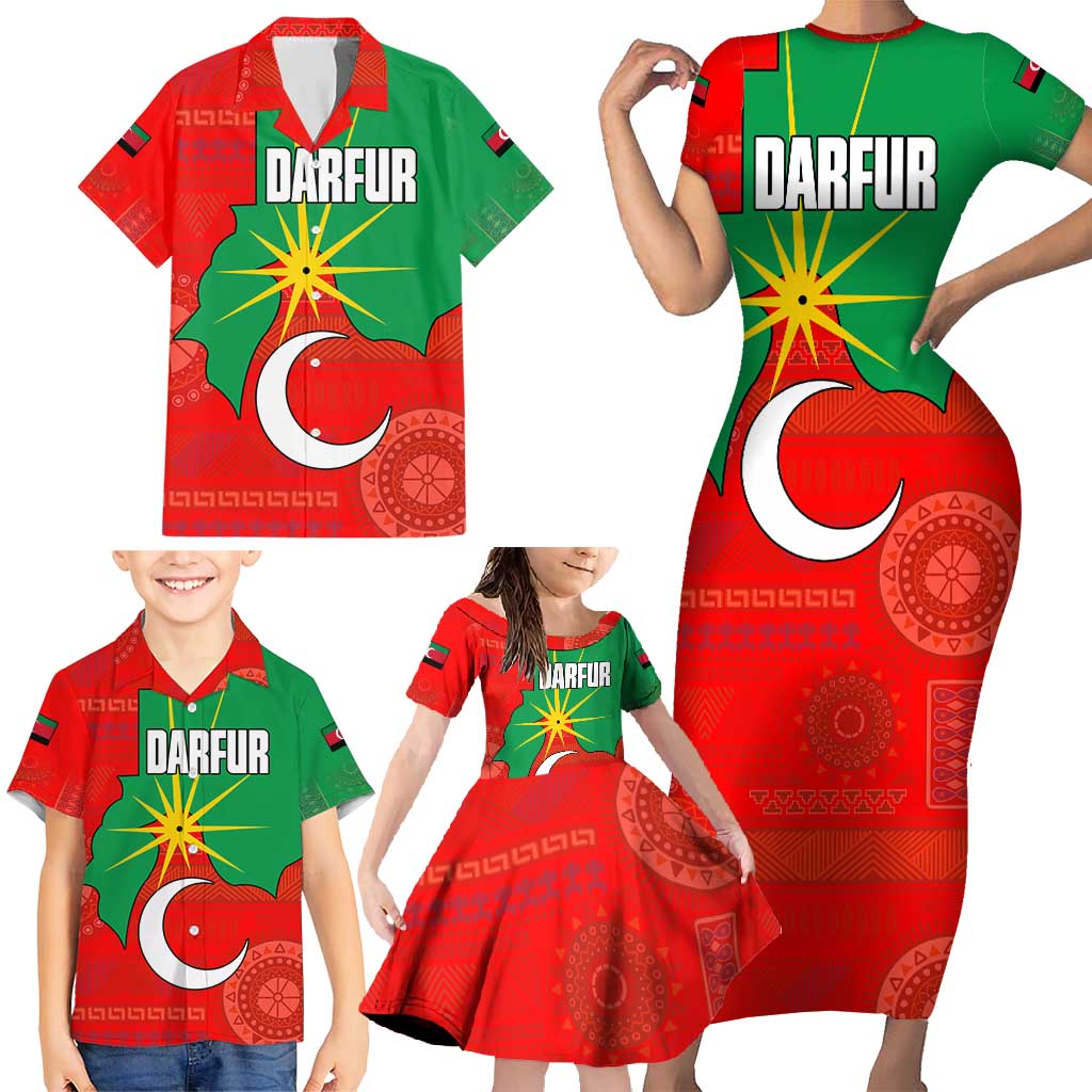 Darfur Sudan Family Matching Short Sleeve Bodycon Dress and Hawaiian Shirt with Red Green Yellow Crescent Star - Wonder Print Shop