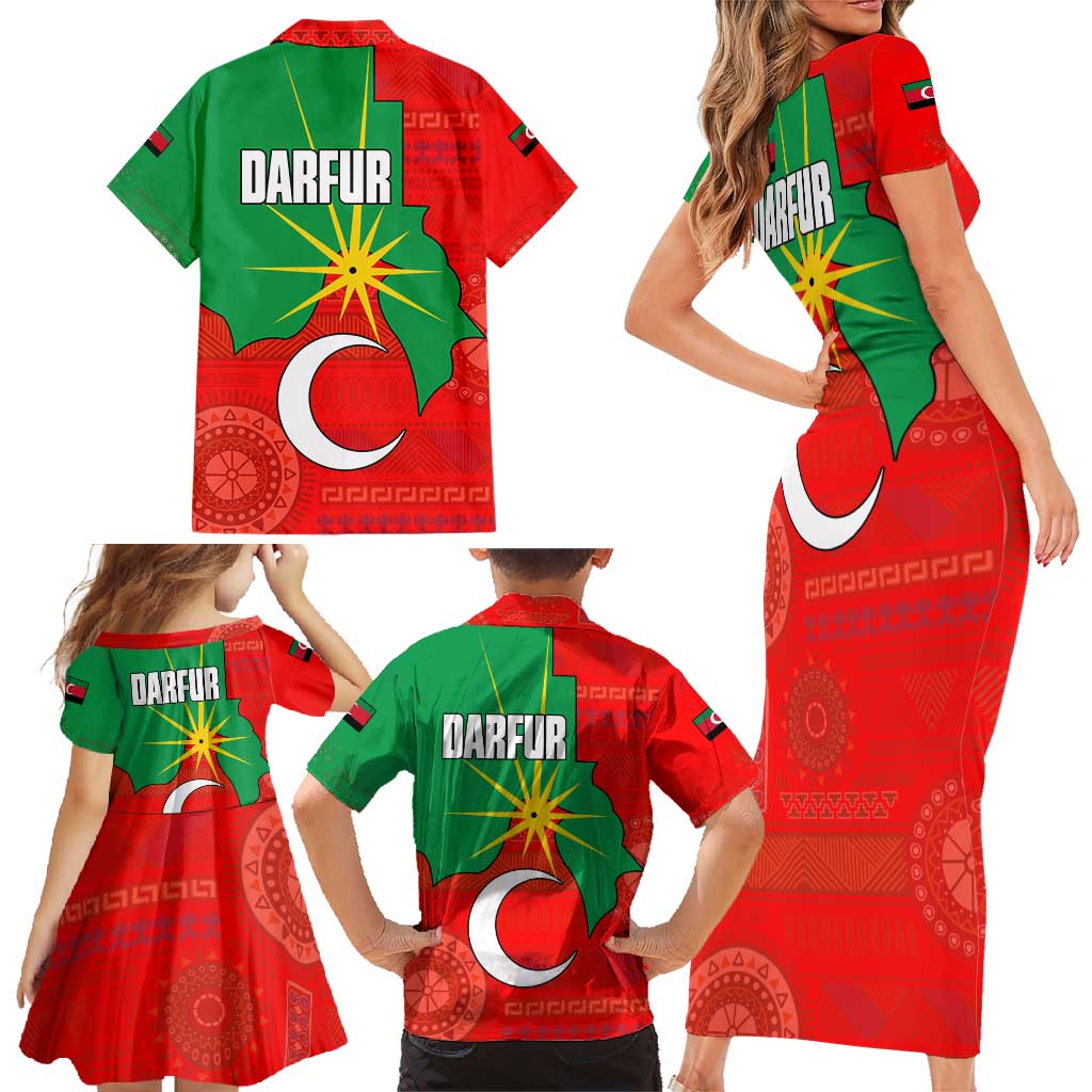 Darfur Sudan Family Matching Short Sleeve Bodycon Dress and Hawaiian Shirt with Red Green Yellow Crescent Star - Wonder Print Shop
