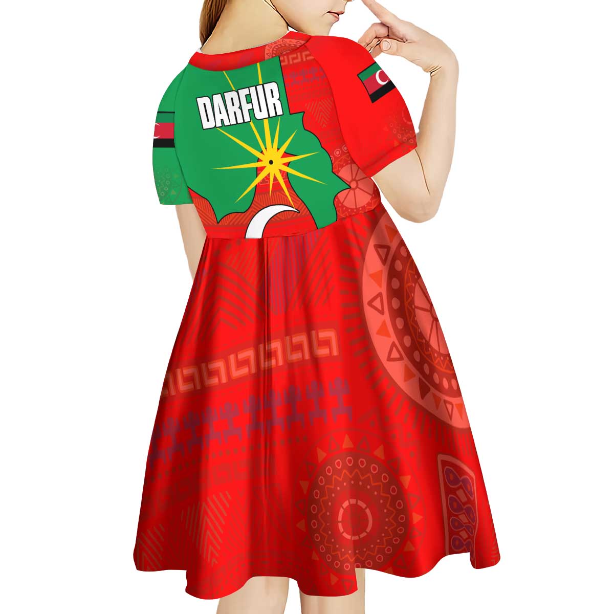 Darfur Sudan Kid Short Sleeve Dress with Red Green Yellow Crescent Star - Wonder Print Shop