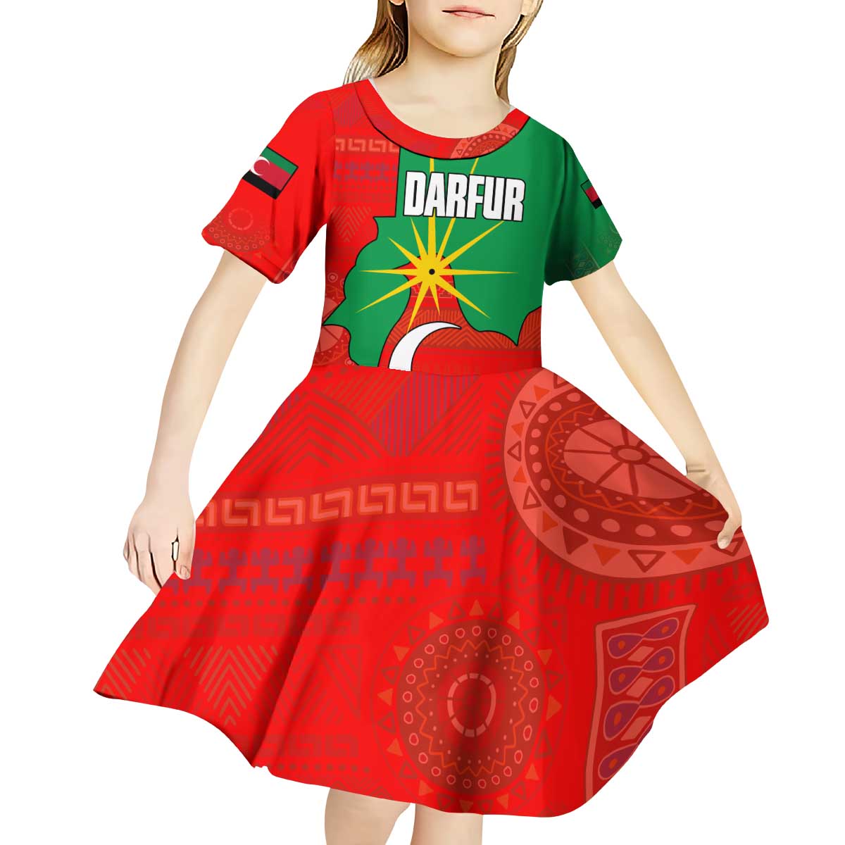 Darfur Sudan Kid Short Sleeve Dress with Red Green Yellow Crescent Star - Wonder Print Shop
