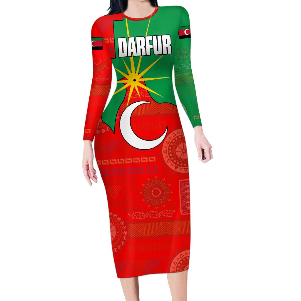 Darfur Sudan Long Sleeve Bodycon Dress with Red Green Yellow Crescent Star - Wonder Print Shop