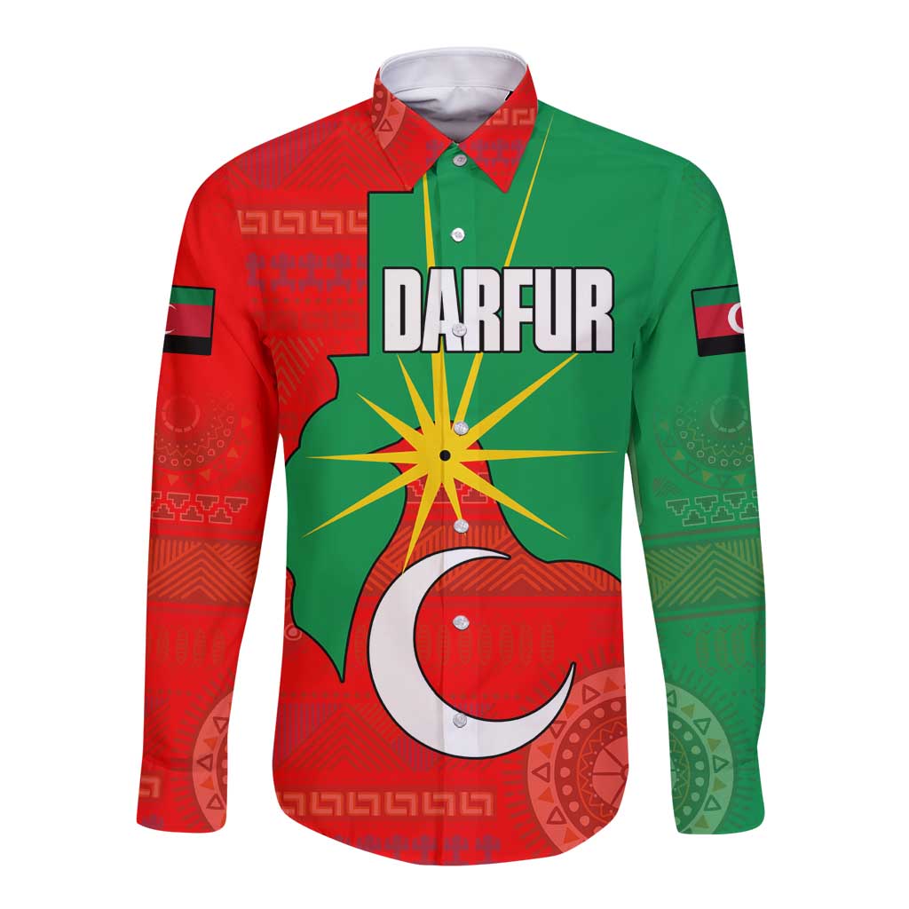 Darfur Sudan Long Sleeve Button Shirt with Red Green Yellow Crescent Star - Wonder Print Shop